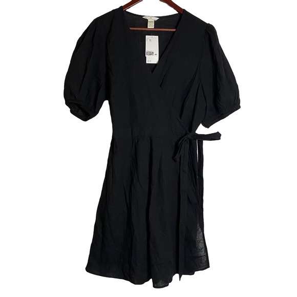 H&M Black True Wrap Dress Pleated Skirt Puff Sleeves Plus Size XXL - Picture 2 of 16